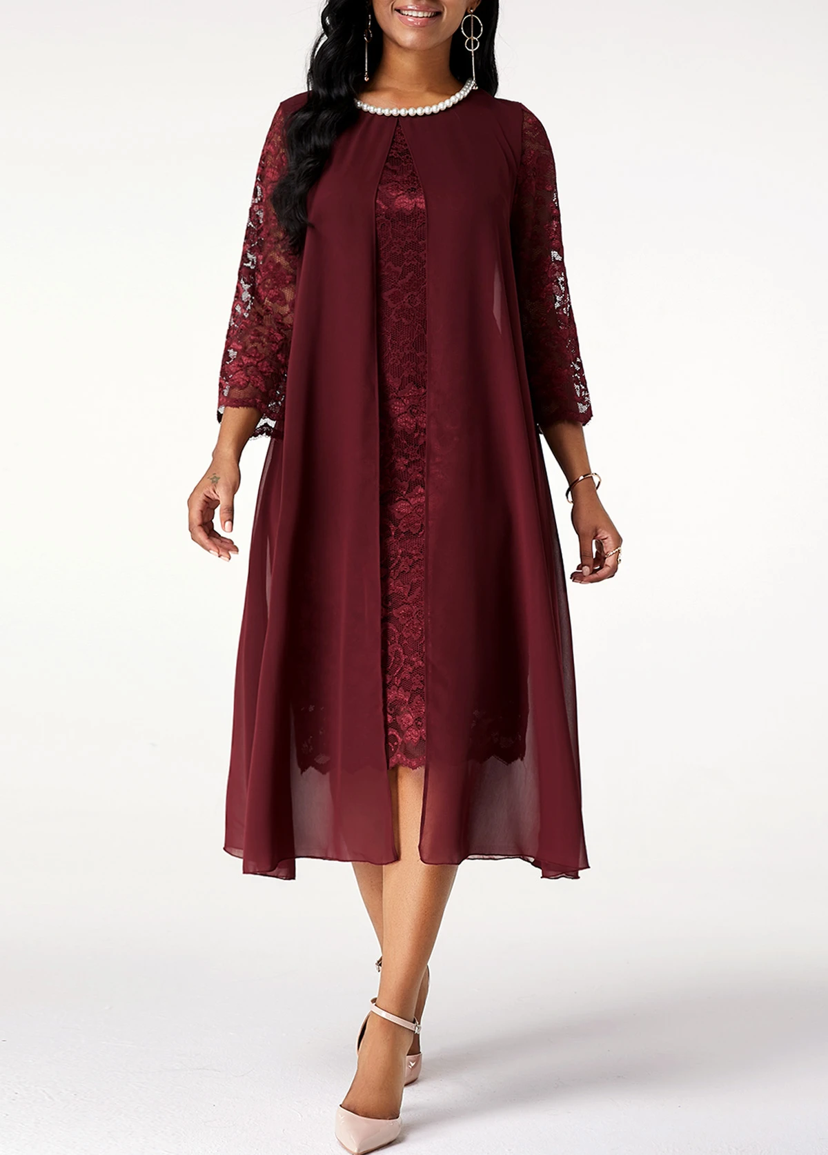 Chiffon Lace Stitching Pearl 3/4 Sleeve Dress 3 Chiffon Lace Stitching Pearl 3/4 Sleeve Dress