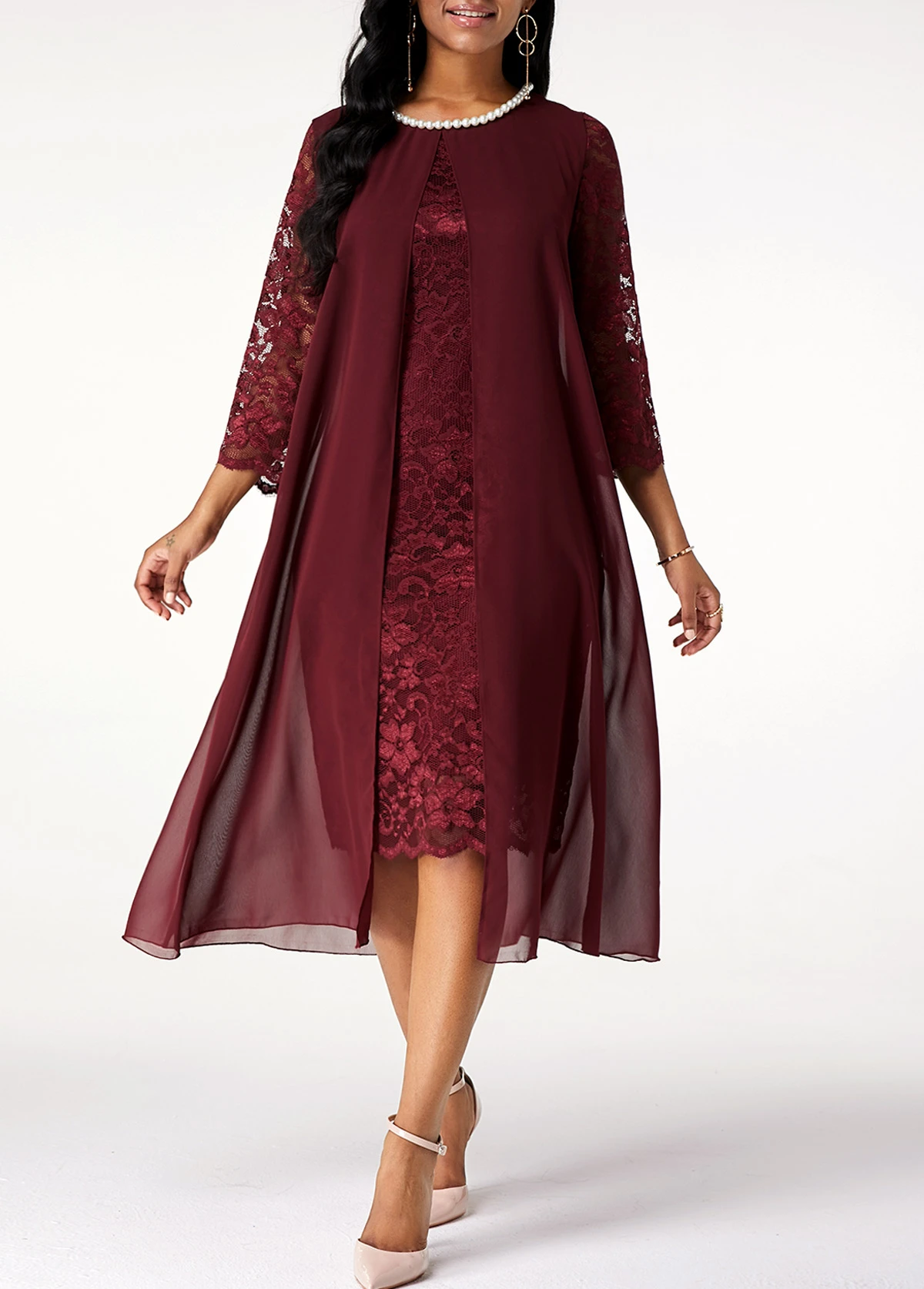 Chiffon Lace Stitching Pearl 3/4 Sleeve Dress 6 Chiffon Lace Stitching Pearl 3/4 Sleeve Dress - Image 4