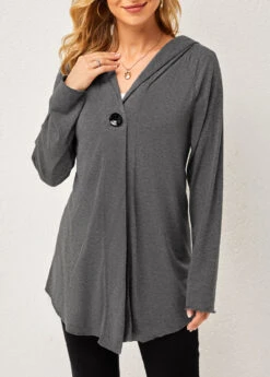 One Button Long Sleeve Solid Hoodie -Modlily Shop 281157 P 16310100753012