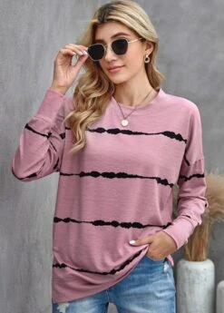 Long Sleeve Striped Round Neck Sweatshirt -Modlily Shop 281569 P 1628244985098