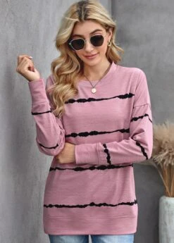 Long Sleeve Striped Round Neck Sweatshirt -Modlily Shop 281569 P 1628244985423