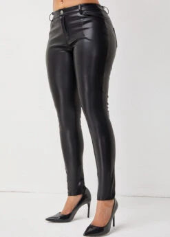 Skinny Solid Button Detail Leather Pants -Modlily Shop 281582 P 16298025004522