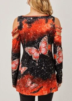 Quarter Zip Cold Shoulder Butterfly Print T Shirt -Modlily Shop 282442 P 16310153196221
