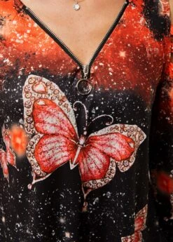 Quarter Zip Cold Shoulder Butterfly Print T Shirt -Modlily Shop 282442 P 16310153197454