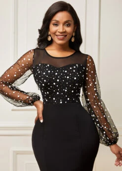 Long Sleeve Round Neck Mesh Stitching Dress -Modlily Shop 282592 P 16339287212424