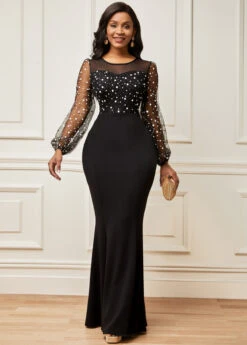 Long Sleeve Round Neck Mesh Stitching Dress -Modlily Shop 282592 P 16339287215063