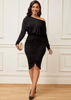 Skew Neck Black Ruched Cap Sleeve Dress -Modlily Shop 282631 P 16323807670905