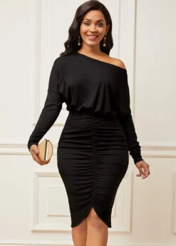 Skew Neck Black Ruched Cap Sleeve Dress