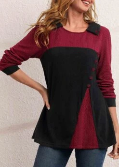 Decorative Button Long Sleeve Contrast T Shirt