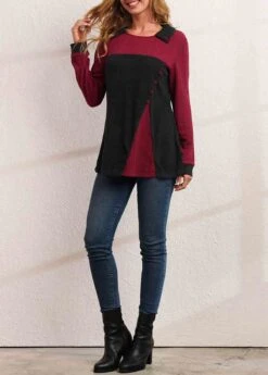Decorative Button Long Sleeve Contrast T Shirt -Modlily Shop 282819 P 16358304095793