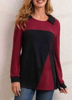 Decorative Button Long Sleeve Contrast T Shirt -Modlily Shop 282819 P 16358304097512