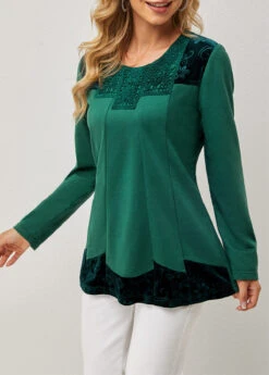 Lace Patchwork Long Sleeve Round Neck T Shirt -Modlily Shop 282841 P 16340245331312