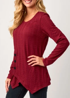 Wine Red Asymmetric Hem Long Sleeve Valentines Sweatshirt -Modlily Shop 283013 P 16329649260102