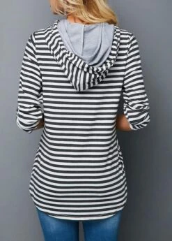 Decorative Button Stripe Print Long Sleeve Hoodie -Modlily Shop 283137 P 16298621940141