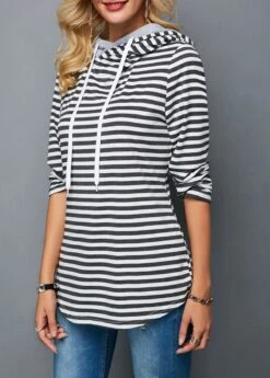 Decorative Button Stripe Print Long Sleeve Hoodie -Modlily Shop 283137 P 16298621943263