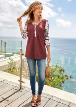 V Neck Deep Red Tribal Print Sweatshirt -Modlily Shop 283480 P 16303013357944