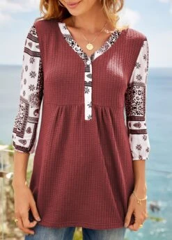 V Neck Deep Red Tribal Print Sweatshirt -Modlily Shop 283480 P 16303013358593