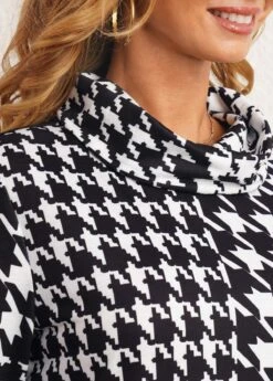 Houndstooth Print Black Cowl Neck Sweatshirt -Modlily Shop 283564 P 16345511113224