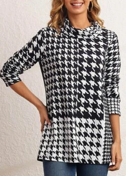 Houndstooth Print Black Cowl Neck Sweatshirt
