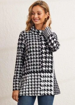 Houndstooth Print Black Cowl Neck Sweatshirt -Modlily Shop 283564 P 16345511113762