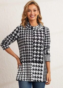 Houndstooth Print Black Cowl Neck Sweatshirt -Modlily Shop 283564 P 16345511115325