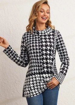 Houndstooth Print Black Cowl Neck Sweatshirt -Modlily Shop 283564 P 16345511118523