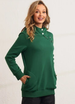 Zipper Detail Dark Green Long Sleeve Hoodie -Modlily Shop 283761 P 16345543214042