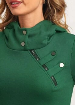 Zipper Detail Dark Green Long Sleeve Hoodie -Modlily Shop 283761 P 16345543215884