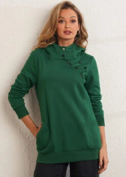 Zipper Detail Dark Green Long Sleeve Hoodie -Modlily Shop 283761 P 16345543218173