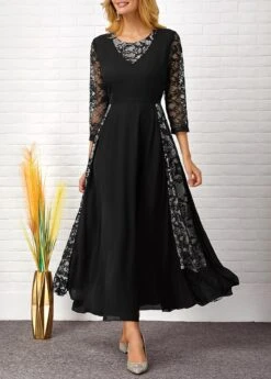 Lace Patchwork Round Neck 3/4 Sleeve Dress