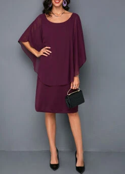 Faux Two Piece Solid 3/4 Sleeve Round Neck Dress
