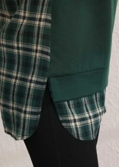 Plaid Long Sleeve Green Faux Two Piece Hoodie -Modlily Shop 284458 P 16345516491244