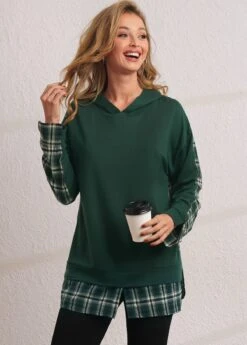 Plaid Long Sleeve Green Faux Two Piece Hoodie -Modlily Shop 284458 P 16345516491283