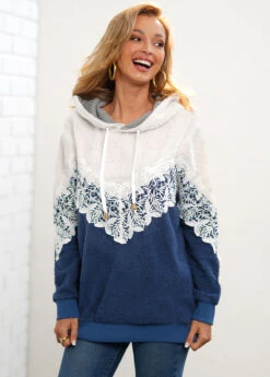 Lace Stitching Drawstring Detail Color Block Hoodie -Modlily Shop 285234 P 16375594121222