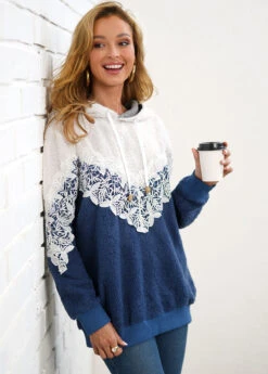 Lace Stitching Drawstring Detail Color Block Hoodie -Modlily Shop 285234 P 16375594126365