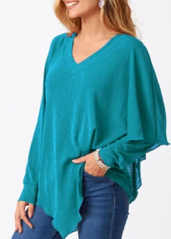 Asymmetric Hem V Neck Cyan Layered T Shirt -Modlily Shop 287156 P 16328984390412