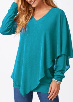 Asymmetric Hem V Neck Cyan Layered T Shirt -Modlily Shop 287156 P 16328984395653