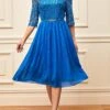 Lace Stitching 3/4 Sleeve Blue Round Neck Dress -Modlily Shop 287572 P 16378231311470