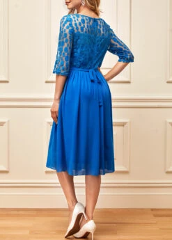 Lace Stitching 3/4 Sleeve Blue Round Neck Dress -Modlily Shop 287572 P 16378231315101