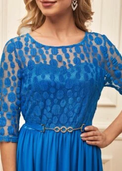 Lace Stitching 3/4 Sleeve Blue Round Neck Dress -Modlily Shop 287572 P 16378231315253