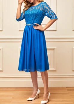 Lace Stitching 3/4 Sleeve Blue Round Neck Dress -Modlily Shop 287572 P 16378231317642