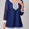 Lace Tassel 3/4 Sleeve Navy Blue T Shirt -Modlily Shop 288091 P 16376602870603