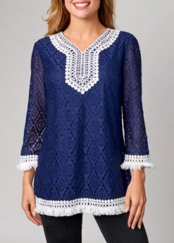 Lace Tassel 3/4 Sleeve Navy Blue T Shirt -Modlily Shop 288091 P 16376602874310