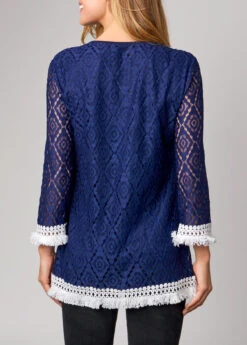 Lace Tassel 3/4 Sleeve Navy Blue T Shirt -Modlily Shop 288091 P 16376602874401