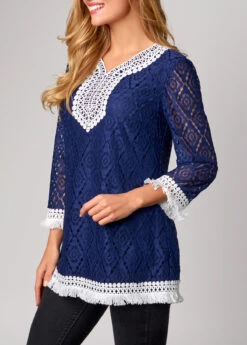 Lace Tassel 3/4 Sleeve Navy Blue T Shirt -Modlily Shop 288091 P 16376602875032
