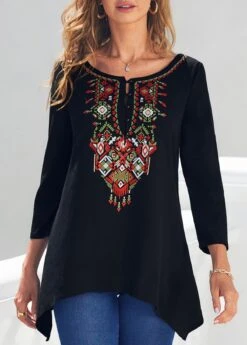 Tribal Print Black Asymmetric Hem T Shirt