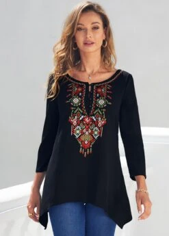 Tribal Print Black Asymmetric Hem T Shirt -Modlily Shop 289113 P 16382554984044