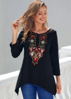 Tribal Print Black Asymmetric Hem T Shirt -Modlily Shop 289113 P 16382554985532