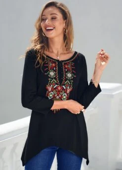 Tribal Print Black Asymmetric Hem T Shirt -Modlily Shop 289113 P 16382554987973