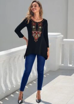 Tribal Print Black Asymmetric Hem T Shirt -Modlily Shop 289113 P 16382554989365